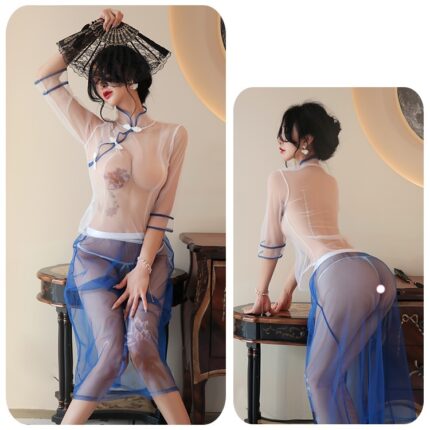 In the image on the left, a woman poses in a Sexy Lingerie outfit featuring a sheer white mesh with blue accents, holding a black fan above her head. In the image on the right, she leans forward over a table, revealing her side tattoo and blue undergarment beneath the sultry see-through printed long skirt student suit.