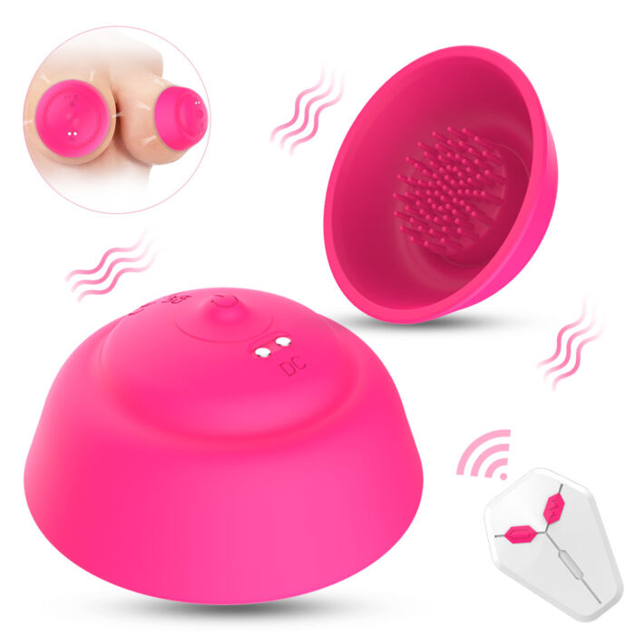 Introducing the Electric Remote Control Breast Massager: a rounded, pink silicone massager designed for breast dredging and enhancement with a textured inner surface. It features a removable cover and comes with a coordinating pink and white remote control. Both the massager and remote emit wave symbols to highlight their vibration functionality, perfect for adult female use in teasing and flirting.