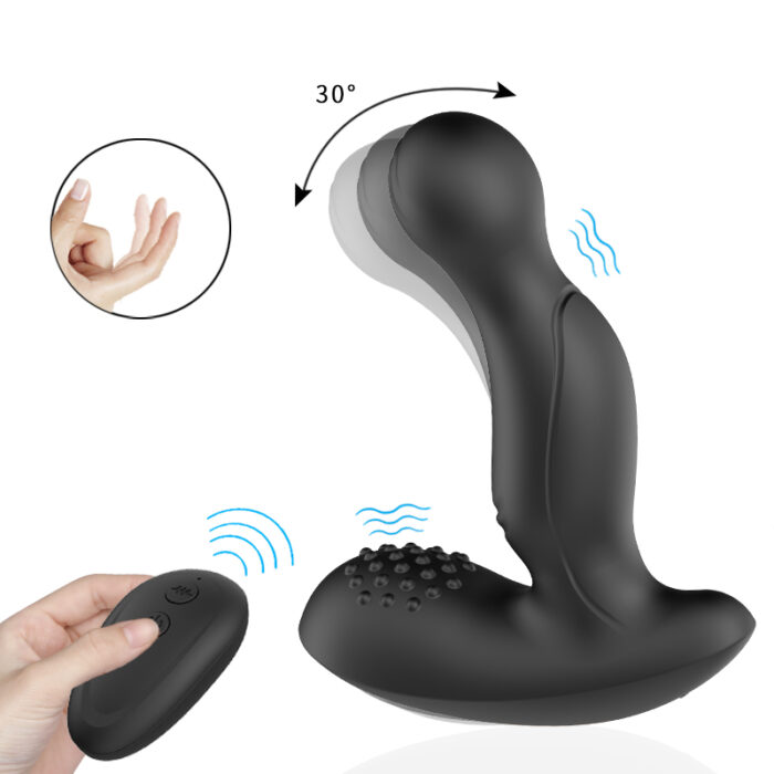 The Wireless Remote Control Butt Plug Anal Plug Vibrator, designed for both men and women, is shown in black with a 30-degree adjustable angle, vibration modes for enhanced prostate massage, and a textured base for extra stimulation. A hand is depicted holding the remote control to operate the device. An inset image highlights the flexibility of the product with a hand demonstrating a curved motion.