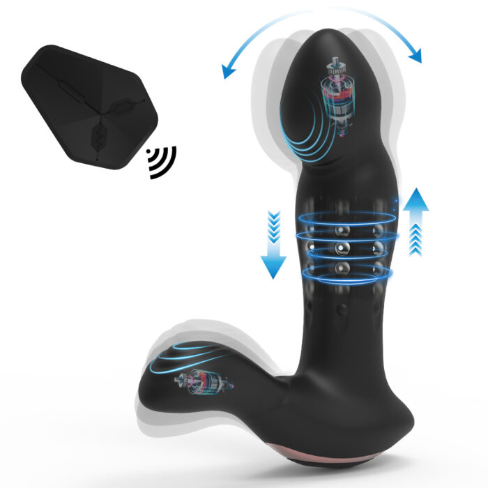 Introducing the Telescopic Prostate Massager: a state-of-the-art, black L-shaped personal massager adorned with blue lines that highlight its vibrations and movements. This advanced device features embedded motors and steel balls for enhanced stimulation, and comes with a sleek black wireless remote control for effortless operation.