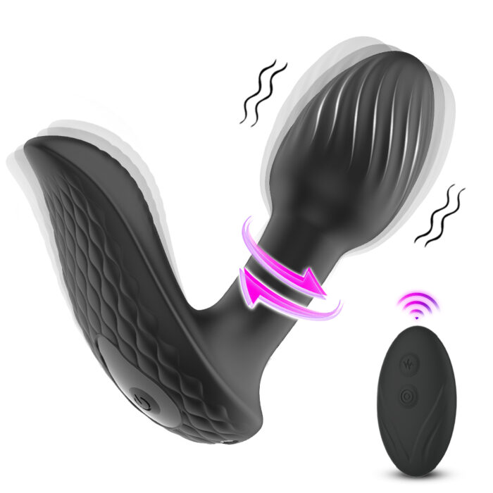 Image of the Heart-beating swinging anal plug anal vibrating masturbator anal stimulation massager, featuring a black, textured design with a bulbous, ridged plug and an ergonomic handle. It comes with an oval-shaped remote control that has buttons for power, vibration, and rotation functions.