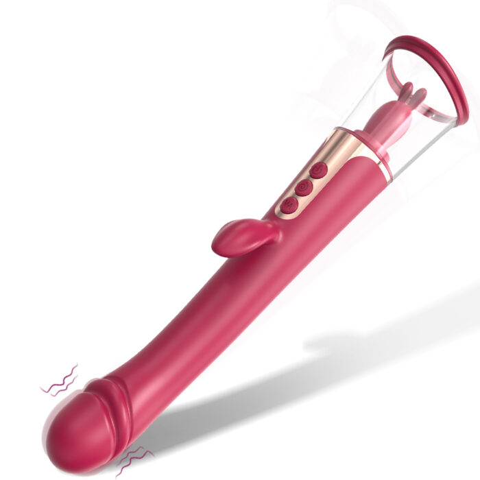 Introducing the Esther Vibrator Wand Personal Massager: This pink, cylindrical device features an attached suction cup at one end for stability and conveniently placed side buttons for easy control. Its smooth shaft has a gentle curve and includes a small external stimulator at the base. Additionally, both the tip and base have subtle texturing to enhance your experience.