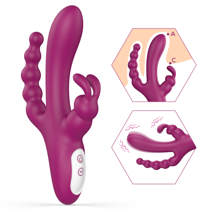 Introducing the Female Clitoris Vibrator - a powerful and silent rechargeable G-spot stimulator and clit labia massager designed for intense pleasure. This women’s sex toy features a purple dual stimulation mechanism, with a main curved shaft and a textured beaded arm, complemented by a smaller rabbit ear attachment for enhanced sensations. Two close-up hexagons illustrate the adjustable vibration settings and varied penetration angles it offers. The toy is waterproof and includes two buttons on its base for easy control, making it an ideal adult gift for couples or individual use.