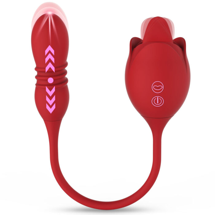 Rose flower female double-head tongue licking vibrator features a sleek, red design with a flexible connecting cord. One end boasts a bulb-like shape adorned with embossed chevrons, while the other end resembles a clamshell with buttons displaying lips, power, and settings. Both ends have subtle pinkish accents.