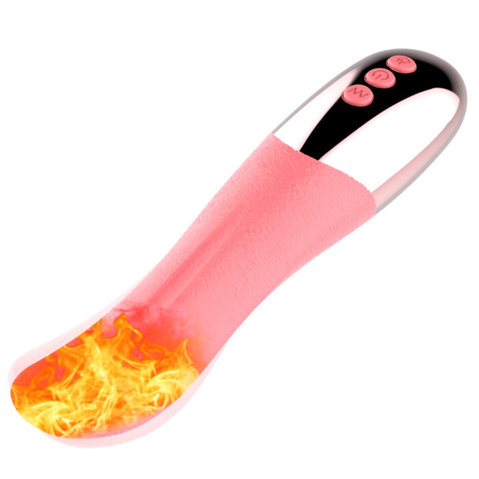 This is a pink adult toy with a unique design and heating function. The toy features a slightly curved main shaft specifically designed for internal and G-spot stimulation. The base of the toy is a combination of black and pink, with multiple control buttons for easy adjustment of settings. The image shows a flame effect inside the toy, highlighting its heating capability for a warmer experience. The overall design is ergonomic and easy to hold, aimed at providing enhanced sexual pleasure through its heating function and dual stimulation capabilities.