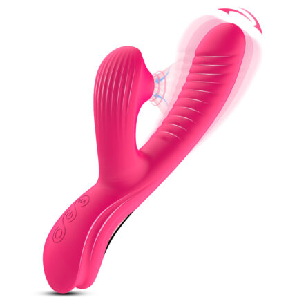 Introducing the Sucking and Moving Vibrator, a pink silicone sex toy with a ribbed, curved design and dual motors. This USB-charged AV stick vibrator features three control buttons on its handle, along with illustrations depicting vibrations and movement at the curved ends.