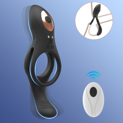 A black silicone wearable adult toy, known as the Locking Ring for male use, is shown. It features a circular ring and a curved extension with a small button and blue lighting accents, accompanied by a white wireless remote with a button. An inset image displays a close-up of the toy's curved end designed to help with premature ejaculation sensitivity and delay.