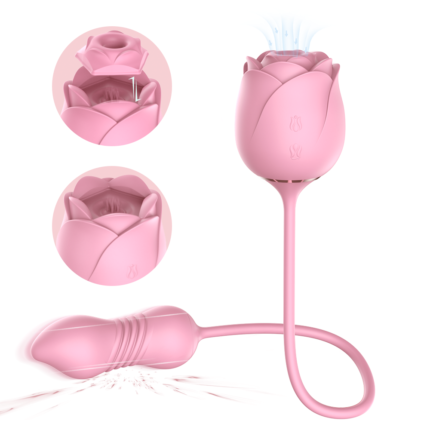 A pink Rose Flower Sucker for women, designed for vibrating and clitoral relaxation with a long, flexible stem, is shown. Graphical insets highlight various features and modes, including water splashing effects and a detailed close-up of the internal components.