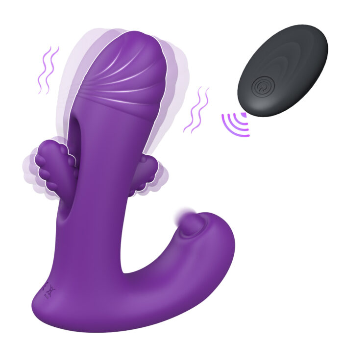 A purple, ultra-elastic silicone wearable panty featuring a realistic solid dildo with multiple stimulation points, including a ribbed tip, side wings, and a base appendage. The toy is depicted vibrating with graphic lines indicating the motion. A black remote control with a single button is displayed nearby.