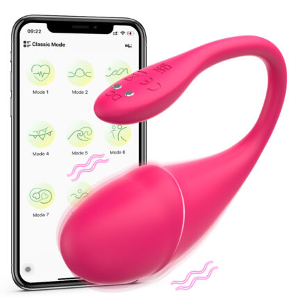 A pink wearable device with a tail-like extension, identified as the "Fully Wrapped Mango," is shown next to a smartphone. The phone's screen displays an app with various icons and labels for different modes, indicating that the 9-channel wireless remote control jumping egg can be operated via the smartphone app.