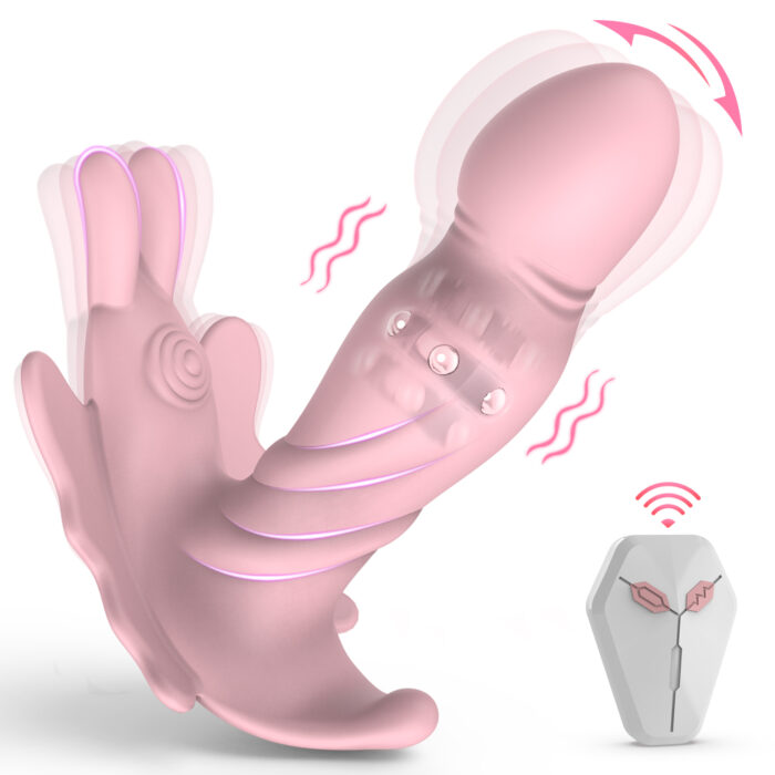 The Strap On Vibrating Dildo Harness features a pink silicone vibrator with a smooth, curved design and two appendages. The device is embedded with small beads and comes with a remote control equipped with buttons. Vibration and rotation icons are displayed as motion graphics, illustrating its various functions.