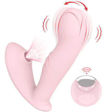 Image of the pink Realistic Dildo with Suction Cup Strap-on Harness, featuring a curved design and textured surface. It has a base handle for easy control. Next to the dildo is a circular remote control displaying power and Bluetooth symbols. Motion lines around both the dildo and remote indicate vibration and remote connectivity functionality.