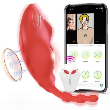 A red wearable device, identified as the Realistic Dildo with Suction Cup Strap-on Harness Dildo, featuring a tail-like extension and an accompanying remote control. Next to it is a smartphone displaying a control app interface with various modes: classic, draw something, and shake, featuring an illustration of a person.