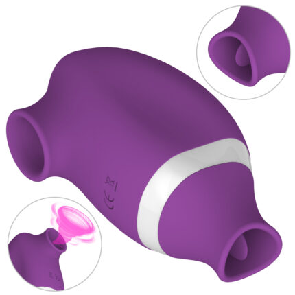 This is a purple adult toy with a compact and multifunctional design. One end of the toy features an internal tongue-like structure specifically designed for clitoral and nipple licking stimulation, providing strong licking effects. The other end has a suction mouth specifically designed for clitoral and nipple suction stimulation, providing strong suction effects. The main body is ergonomically designed for easy grip and maneuverability. Inset images show the details of the licking mouth and suction mouth, highlighting its multifunctionality and powerful performance. The overall design is stylish and comfortable, aimed at enhancing sexual pleasure through its unique licking and suction functions.