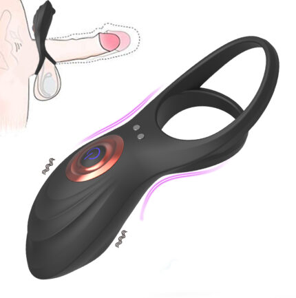 An image of the Locking Ring, a black silicone vibrating glans penis ring designed for male use and couples' intimate experiences. The power button is located in the center, and it features adjustable loops for secure placement. The hand demonstration in the background highlights its vibrational function, emphasizing its utility as an adult toy that can help with premature ejaculation sensitivity and delay.