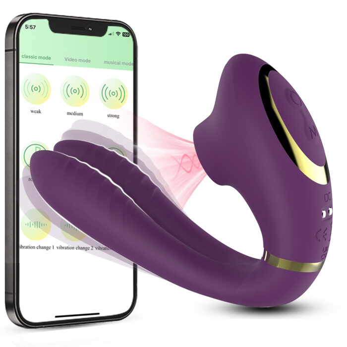 A purple "Sucking Double Vibrator" for couples is pictured next to a smartphone showcasing various control modes in an app. The silicone device features dual arms, with one offering a suction function, and includes a control button on the top. The app allows for personalized adjustments of both vibration and suction settings.