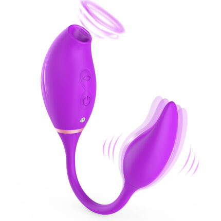 This is a purple adult toy with a modern design and multiple features. One end of the toy has a suction mouth specifically designed for clitoral and nipple stimulation, providing strong suction effects. The other end features a vibrating section for internal stimulation. The toy has a flexible connector in the middle, allowing it to bend freely to accommodate different angles of use. There are control buttons in the middle for adjusting various vibration and suction modes and intensities. The image shows the suction and vibration effects, highlighting its versatility. The overall design is ergonomic and easy to hold, aimed at enhancing sexual pleasure through its multiple stimulation functions.