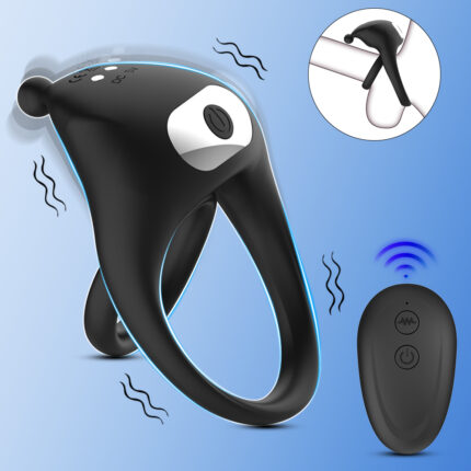 On a blue background, the Locking Ring for male use is featured alongside its wireless remote control, which includes a power button and a vibration control button. An inset display illustrates the ring's application around an object.