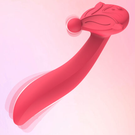 A sculptural, abstract red form with a smooth, elongated, and curved body merges into a rounded end. The upper part features a geometric, stylized face-like design. Set against a gradient of soft pink for a floating appearance, it is known as the "Sex Toys Vibrators for Women G Spot Vibrator Partner Toys for Adult Pleasure Stimulator.