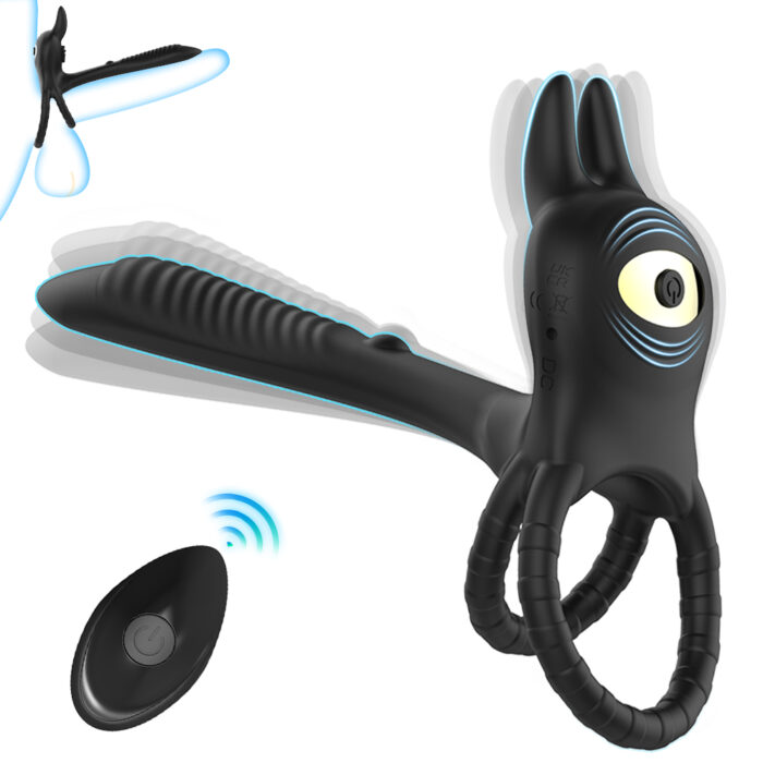 Introducing the Locking Ring: a black silicone rabbit-shaped ring featuring two loops and a ribbed tail. It comes equipped with an embedded control button and includes a wireless remote with a matching button for easy operation. An inset image of water droplets suggests that the product may be waterproof or splash-resistant, making it ideal for versatile use.