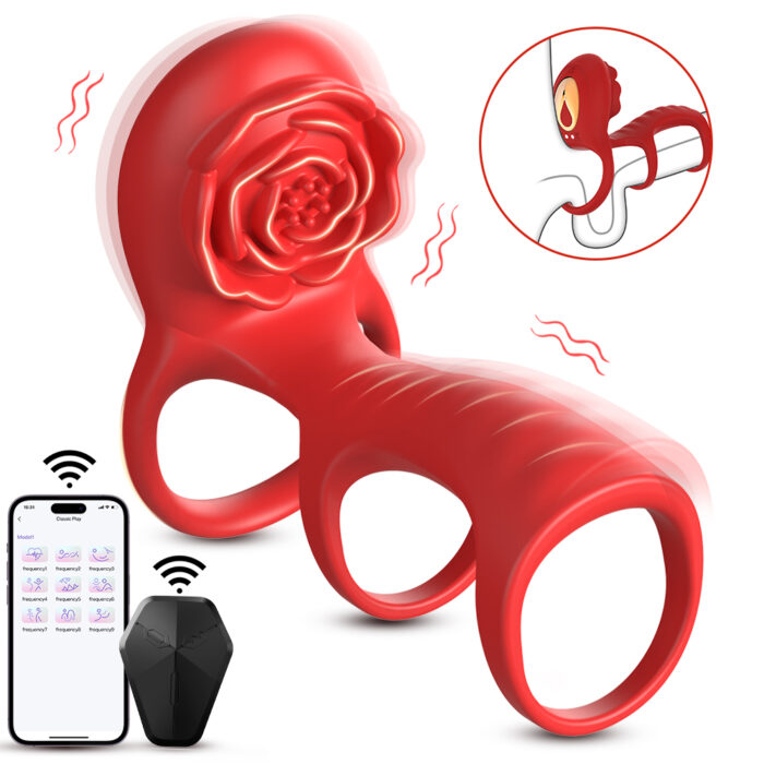 A red Locking ring designed for male use, featuring a rose motif, displayed alongside a smartphone with control settings and a black remote control. An inset image demonstrates the toy in action, emphasizing its vibration feature. A Wi-Fi symbol indicates its wireless connectivity.