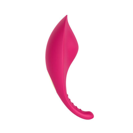 The Bullet Vibrator Remote Control Vibrating Egg is a soft silicone adult sex toy, specifically designed for G-spot and clitoris stimulation. It features an ergonomically designed pink, curved shape with a smooth surface and a pointed tip. The handle is equipped with textured grooves for better grip, and its overall form resembles a leaf. This wearable massager is also waterproof and rechargeable, making it suitable for women or couples seeking enhanced intimacy.