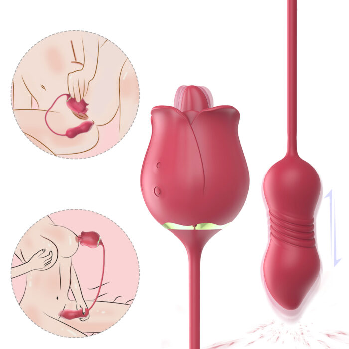 A red rose-shaped device with an elongated stem and control attachment. Two inset illustrations depict the device being used by a person in intimate areas. The main device has a flower-like design, and the control unit features rippled texture.