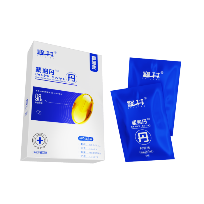 The image features a box of Women's firming gel (0.6g/bag x10) with text in Japanese, including two blue packets on the right. The box displays information about body firming and moisturizing benefits, while the packets have similar branding and labeling. The background is light blue.