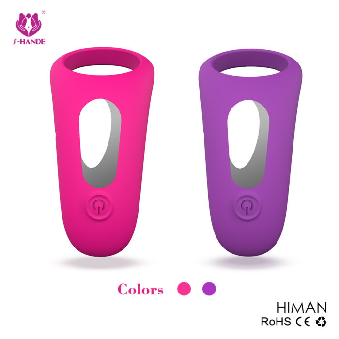 The image features two silicone Prostate Massager Penis Ring Anal Stimulator Massagers with an open oval center. One is bright pink, and the other is purple. Each has a circular button near the base. The brand "S-Hande" and certifications "RoHS" and "CE" are also visible.