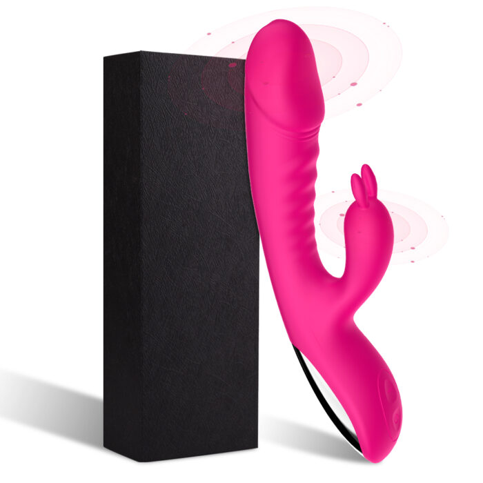 This is a luxurious pink adult toy made from premium silicone. The toy features a curved main shaft specifically designed for internal and G-spot stimulation, along with a flexible rabbit ear-shaped extension for clitoral stimulation. The top of the toy has smooth buttons for easy operation. Inset images detail the curved head, the pleasure rabbit extension, and the smooth buttons. The overall design is ergonomic, easy to hold, and intended to provide enhanced sexual pleasure through its dual stimulation functions.