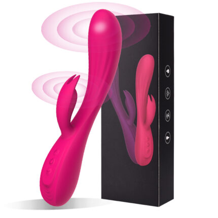 The "Dual Vibrating Massager, Cordless Vibrator Silicone with Powerful Vibration Modes" is a pink silicone rabbit vibrator featuring a curved shaft and external stimulator, equipped with control buttons at the base. It is showcased next to its black box packaging, which displays an image of the product along with icons indicating various functions.