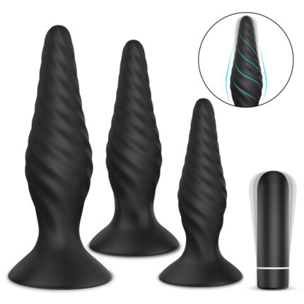 The image displays a set of three Cream S Vibrating Silicone Butt Plugs, designed for both beginners and advanced users, arranged in ascending order of size. Each black, spiral-shaped plug features a flared base for safety. An inset at the top right highlights a close-up of the intricate spiral texture, while a cylindrical object is positioned to the right.