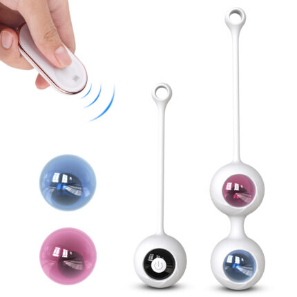 An image showcasing the Remote Control with Vibration Kegel Balls Prenatal and Postnatal Pelvic Floor Muscle Trainer by Mengdaomute Freezer-RCT. On the left, a hand holds a remote control emitting signal waves. In the center, two single-weighted balls are displayed in blue and pink. On the right, two double balls connected by a string are shown, one set in black and white and the other in pink.