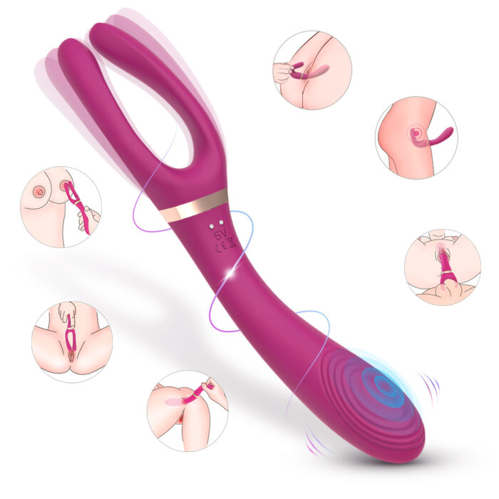 A Cersei G Spot Vibrator, featuring a purple dual-pronged design with a curved handle, is displayed centrally. Surrounding it are illustrations showing its various uses on different erogenous zones. This sex toy is crafted for multiple stimulation points.