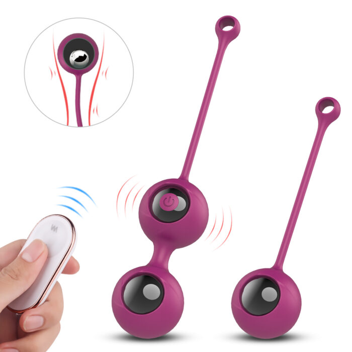 The image features two purple kegel balls, part of the "Ball Vibrator with Remote Control - Wireless Vibrating Egg - G-Spot Stimulator, Body-Safe Materials" known as Pearl-RCT, both equipped with strings for easy retrieval. An inset showcases a close-up of one kegel ball vibrating. A hand is holding a white remote control with blue wave signals, indicating connectivity to the vibrators.