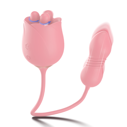 The Forget Me Not 7, a pink, rose-shaped personal vibrator for women, features a smooth, elongated attachment connected by a flexible cord. The rose has petal-like structures with small spheres inside and swirled arrows indicating its 360-degree motion capability. This quiet, waterproof adult toy is designed for G-spot and clitoral stimulation.