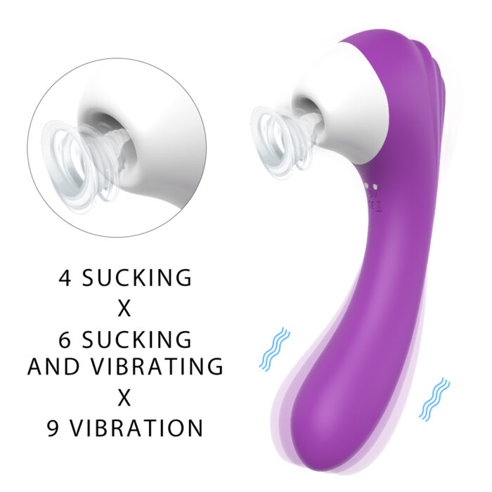 Image of the Clitoralis Stimulator for Women, a purple and white personal massager featuring suction and vibration functions. Text on the left side reads: "4 SUCKING X, 6 SUCKING AND VIBRATING X, 9 VIBRATION." The device is displayed from various angles to illustrate its functionality.