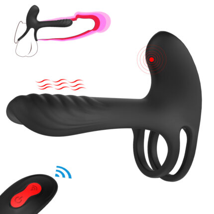 Image of the Men's Vibrating Sperm Lock Ring, worn around the base of a penis and testicles, featuring an attached vibrating anal plug. The ribbed ring offers enhanced stimulation and has a red indicator light to signal its vibration function. A wireless remote with a red button is also included for easy control.