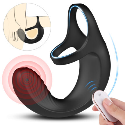 A Midnight male ring featuring a black, contoured vibrating design is shown with its wireless remote control. An inset image demonstrates the device in use, emphasizing its wearable comfort and targeted stimulation using red and blue wave-like graphics.