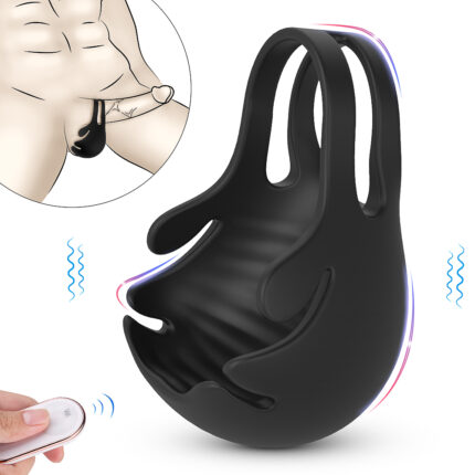 A black Scrotal Massager, wearable for men, is displayed from multiple angles. It features a dual-prong design and is equipped with a remote control for vibration intended for perineum stimulation. An illustration in the background shows the device being worn on a man's lower body, with wavy lines indicating vibration effects. The product also offers reproductive testicle binding and comes with a sperm locking ring. Model: Nest-RCT.