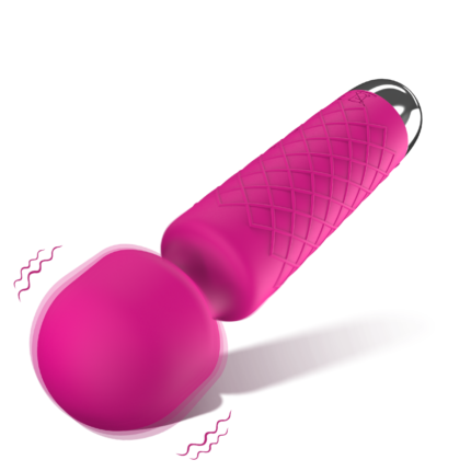 The Mini Wand Massager USB Rechargeable Silicone AV Vibrator Pleasure Woman Stimulation Toys Sona features a pink, handheld design with a textured grip and black accents at the base. The spherical head, also in pink, is depicted as vibrating with wavy lines around it. The massager is showcased against a white background.