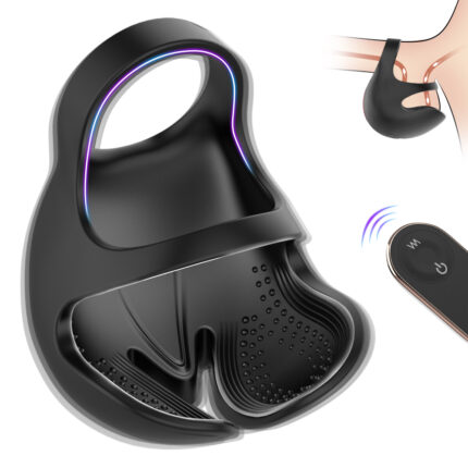 A black, ergonomically designed Wireless Remote Control Scrotum Support Bag (Chad-RCT) with a smooth, curved surface featuring textured areas and a loop handle. It has LED light accents and comes with a small, sleek remote control showing a power button labeled "W." An illustration depicts its intended use for private treatment and health care as a men's wearable sperm lock ring that provides testicle vibration and massaging.