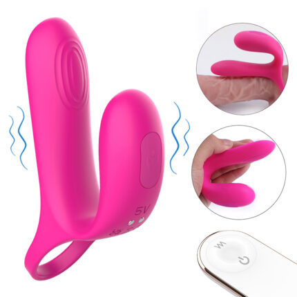 The Asta-RCT Remote Control Vibration Lock Sperm Ring, a versatile vibrator for both men and women, is shown in a flexible, textured pink silicone design. The product images display various angles and usages: one inset depicts the vibrator on a model's finger while another showcases its flexibility. At the bottom of the image, you can also see the sleek white remote control.