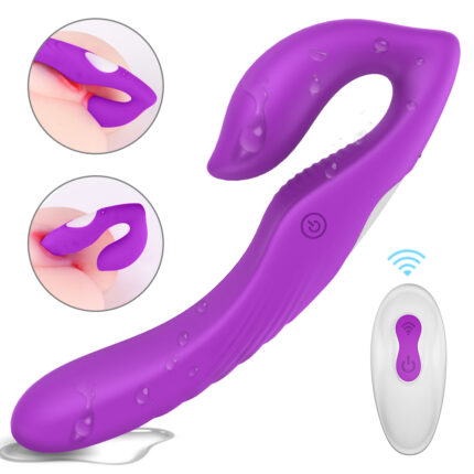 An image of a purple, wearable vibrator with a hook design, featuring water droplets indicating it's waterproof. The vibrator has an on/off button and comes with a white remote control. Two circles show the device being used in intimate positions.