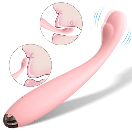 A sleek, pink G Spot vibrator named "Sex Toys Vibrators for Women G Spot Vibrator Partner Toys for Adult Pleasure Stimulator Kindy" is displayed on a white background. Inset graphics demonstrate how the vibrator targets specific areas, labeled "C" and "G," within anatomical diagrams, with blue lines indicating vibration.