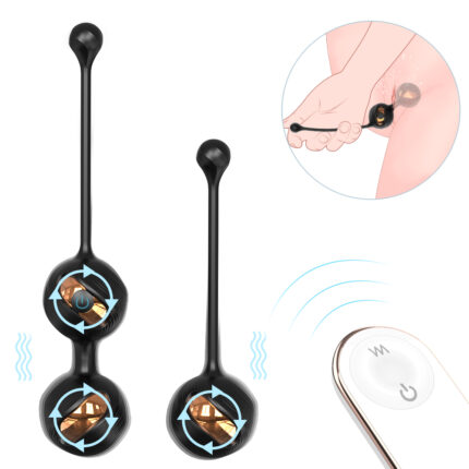 The image features two connected black Kegel balls with gold interior balls, accompanied by blue arrows indicating movement. An inset illustration demonstrates their use, alongside a partial view of the remote control with a power button and wave symbol for the **Remote Control Vibration Kegel Ball Upgraded Version**, a prenatal and postnatal pelvic floor muscle trainer designed for female vaginal stimulation, branded as **Gem-RCT**.