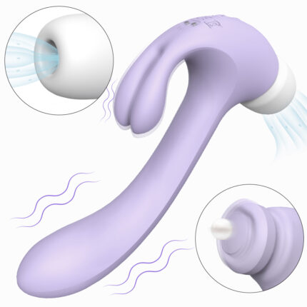 Introducing the Vibrator, Wand Massager Vibe, a purple dual-ended adult toy designed for versatile pleasure. One end is perfectly shaped for internal use, while the other end features a white tip equipped with both air-flow and vibration functionalities. The accompanying image emphasizes these vibration and airflow features with detailed inset illustrations. Suitable for G Spot stimulation and clitoral stimulation, this quiet, waterproof vibrator ensures a personalized experience every time.