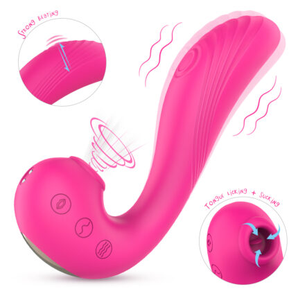 Introducing the Angel's Wings, a pink, curved personal massager designed for ultimate pleasure. This sophisticated G spot vibrator offers various vibrating and suction functionalities, complete with buttons for different settings. Insets provide close-ups of its rotating and tongue-licking/sucking functions, with visual representations of vibrations enhancing its allure.