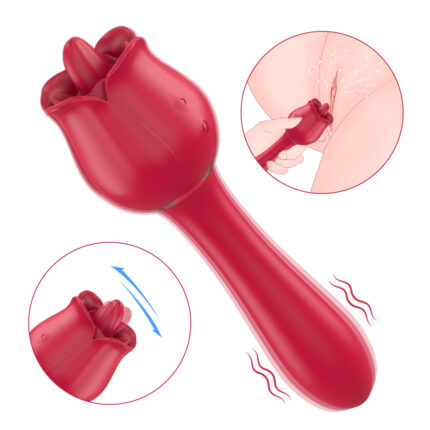 Illustration of a red tulip-shaped clitoral stimulator with a handle. The device is shown with vibration lines and a close-up of it in use. Arrows indicate its movement and functionality.