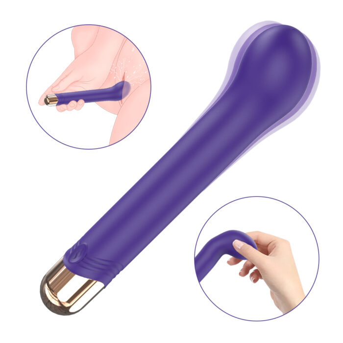 A purple Melody personal massager, featuring a curved design and a gold-colored base. The image includes close-up insets depicting the massager being held by a hand and in use.